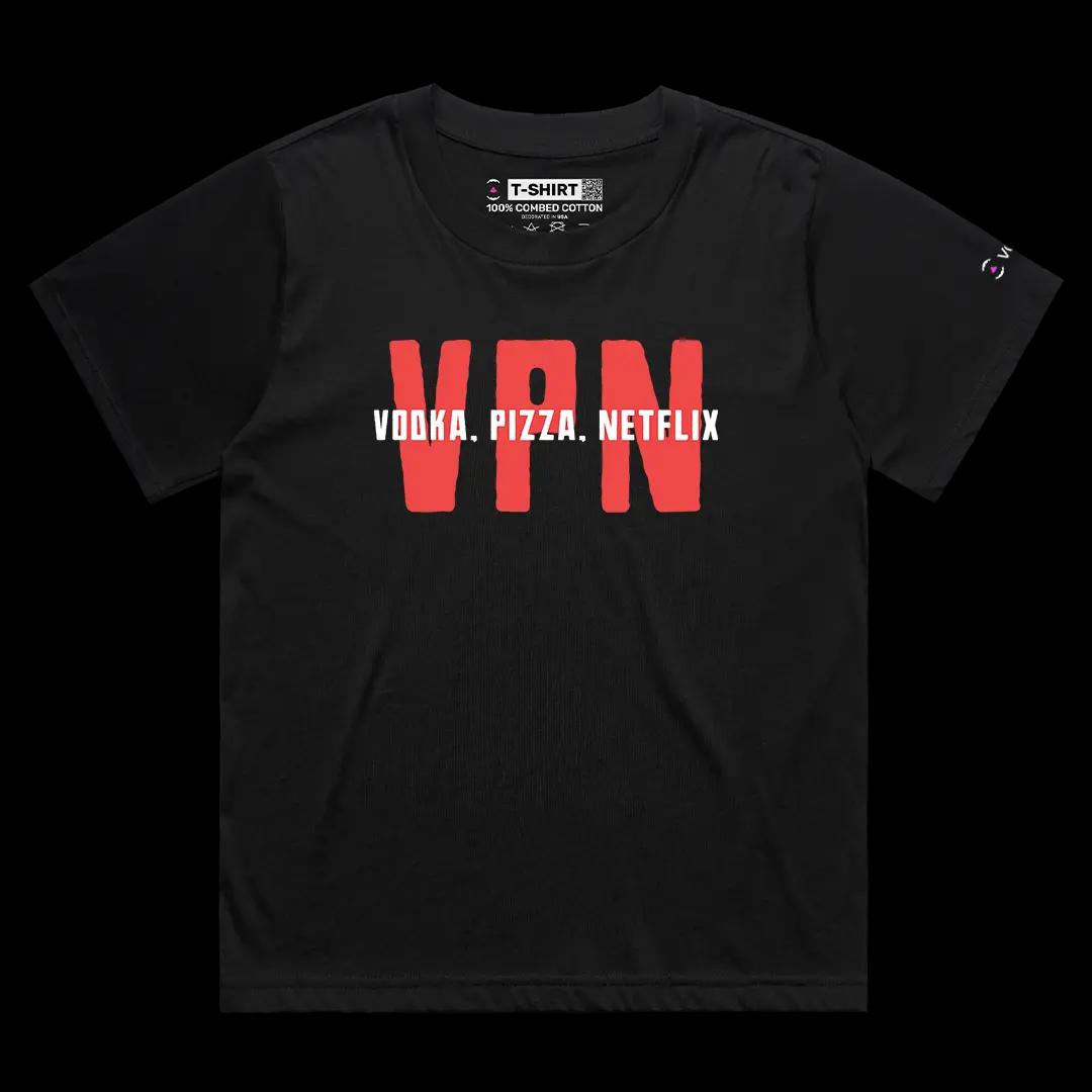 VOICEART Black Female Loose VPN Vodka Pizza Netflix Graphic Meme Tee with Sarcastic Joke Short Sleeve Cotton T-Shirt