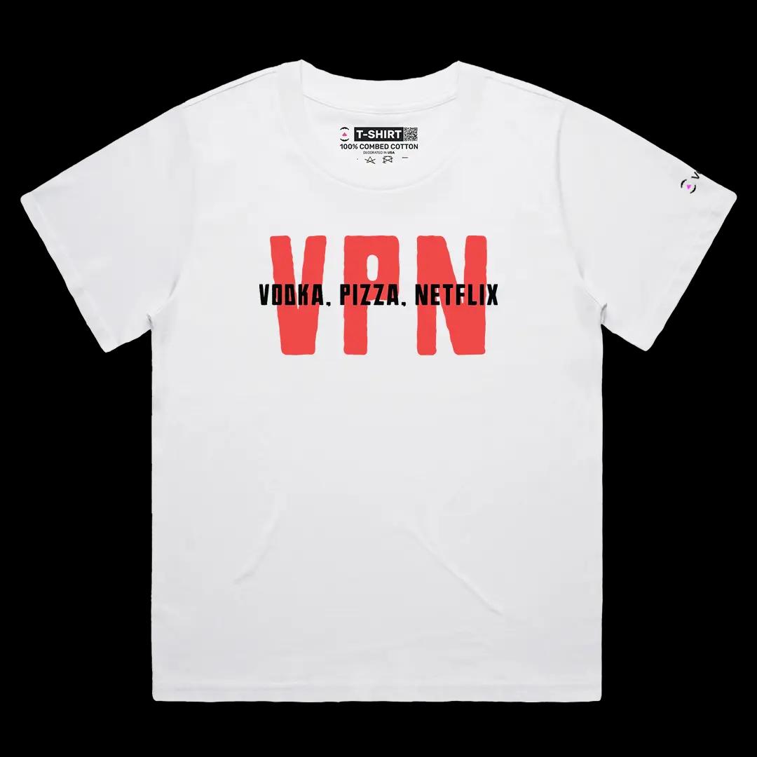 VOICEART White Female Loose VPN Vodka Pizza Netflix Graphic Meme Tee with Sarcastic Joke Short Sleeve Cotton T-Shirt