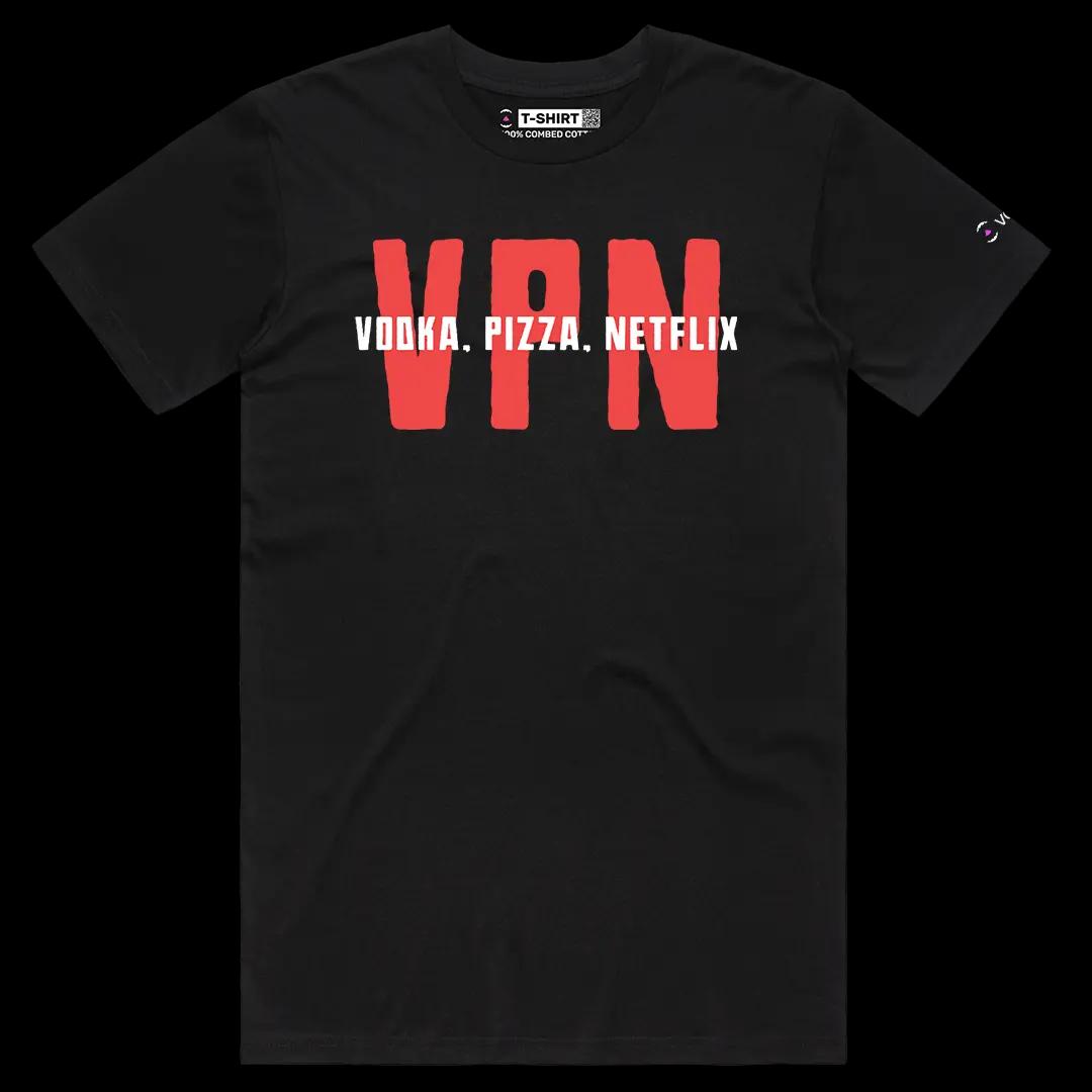 VOICEART Black Male Regular VPN Vodka Pizza Netflix Graphic Meme Tee with Sarcastic Joke Short Sleeve Cotton T-Shirt