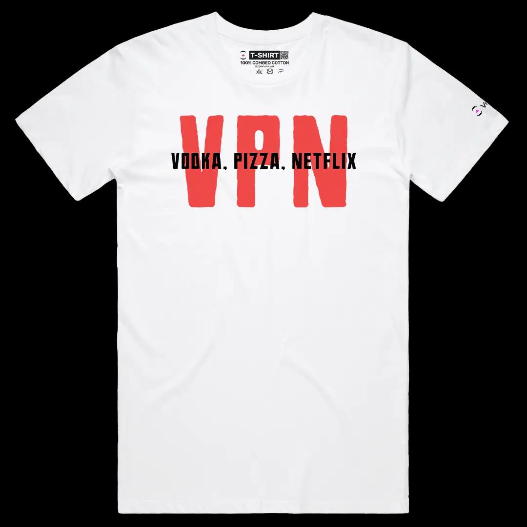 VOICEART White Male Regular VPN Vodka Pizza Netflix Graphic Meme Tee with Sarcastic Joke Short Sleeve Cotton T-Shirt