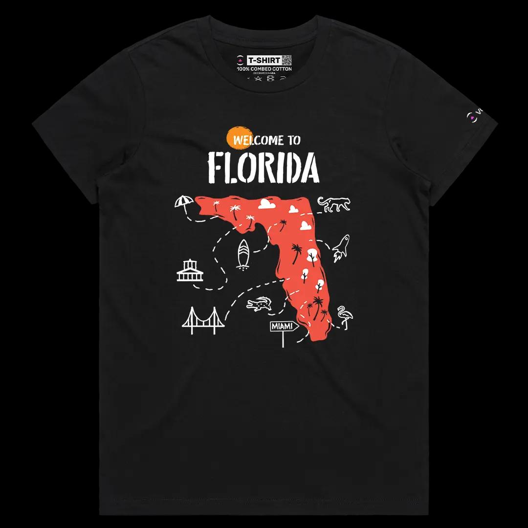 VOICEART Black Female Regular Welcome to Florida Historical Graphic Tee with Geography Map Short T-Shirt for Men and Women