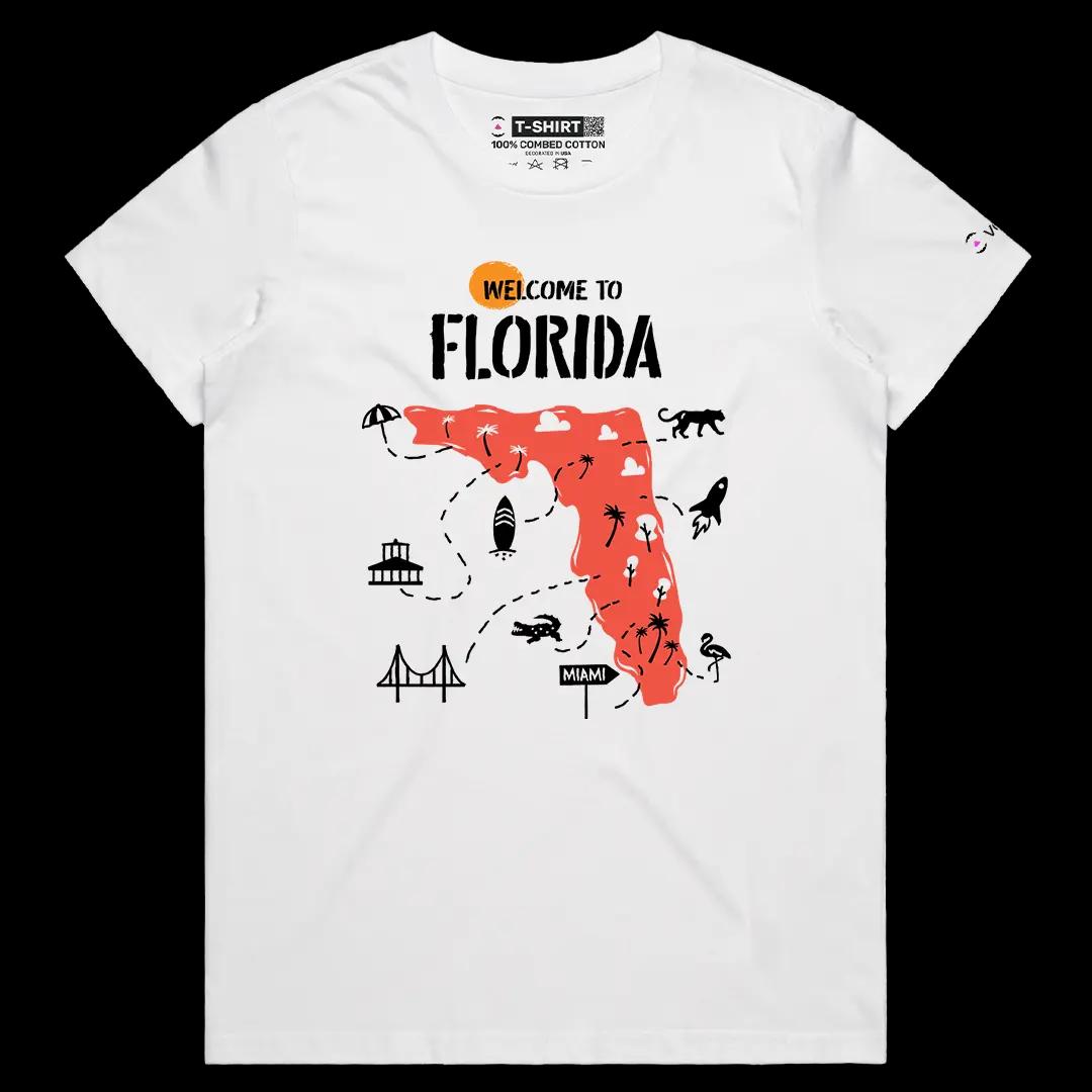VOICEART White Female Regular Welcome to Florida Historical Graphic Tee with Geography Map Short T-Shirt for Men and Women