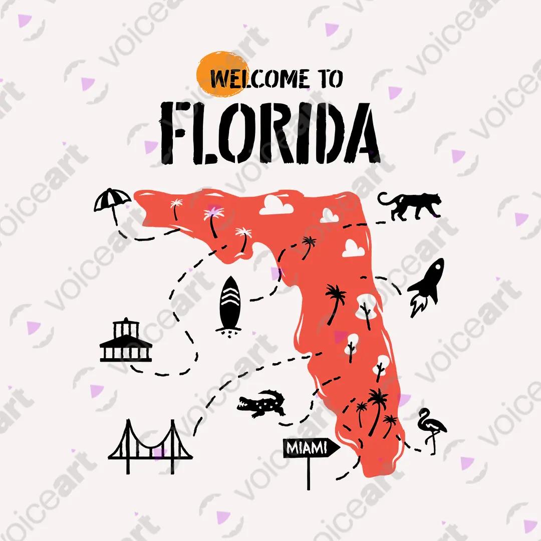 VOICEART White Watermark Welcome to Florida Historical Graphic Tee with Geography Map Short T-Shirt for Men and Women