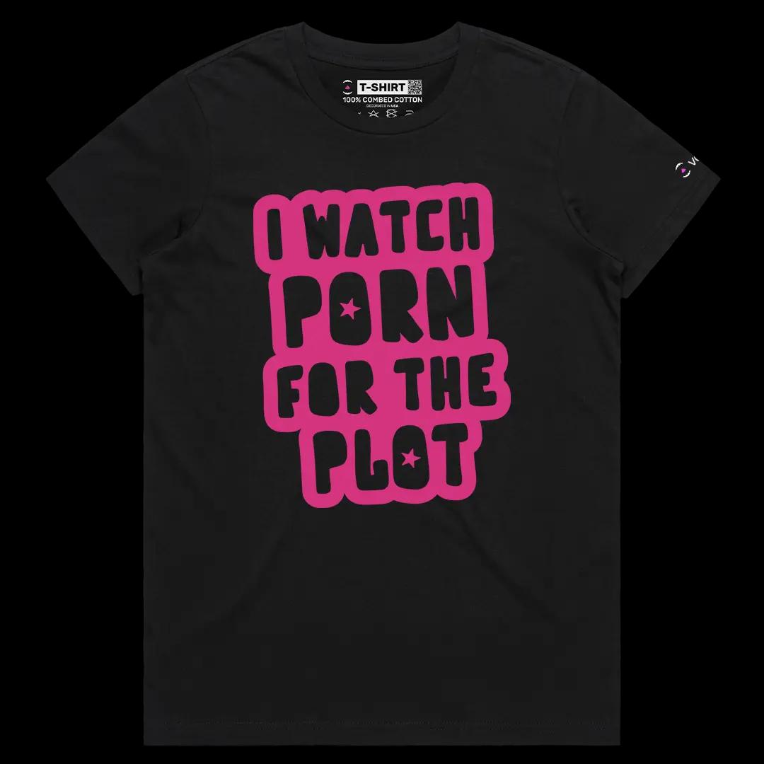 VOICEART Black Female Regular I Watch Porn For The Plot Funny Meme Tee Short Sleeve Combed Cotton T-Shirt for Men and Women