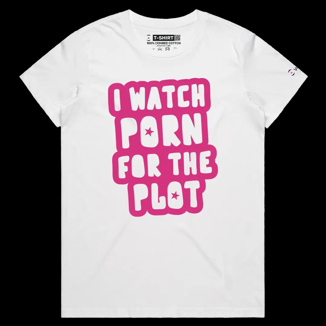 VOICEART White Female Regular I Watch Porn For The Plot Funny Meme Tee Short Sleeve Combed Cotton T-Shirt for Men and Women