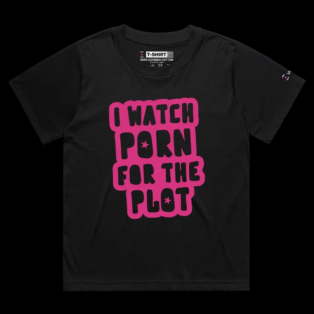 VOICEART Black Female Loose I Watch Porn For The Plot Funny Meme Tee Short Sleeve Combed Cotton T-Shirt for Men and Women