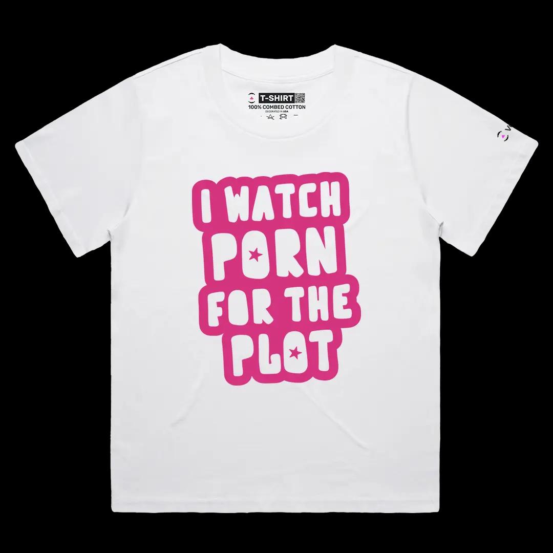 VOICEART White Female Loose I Watch Porn For The Plot Funny Meme Tee Short Sleeve Combed Cotton T-Shirt for Men and Women