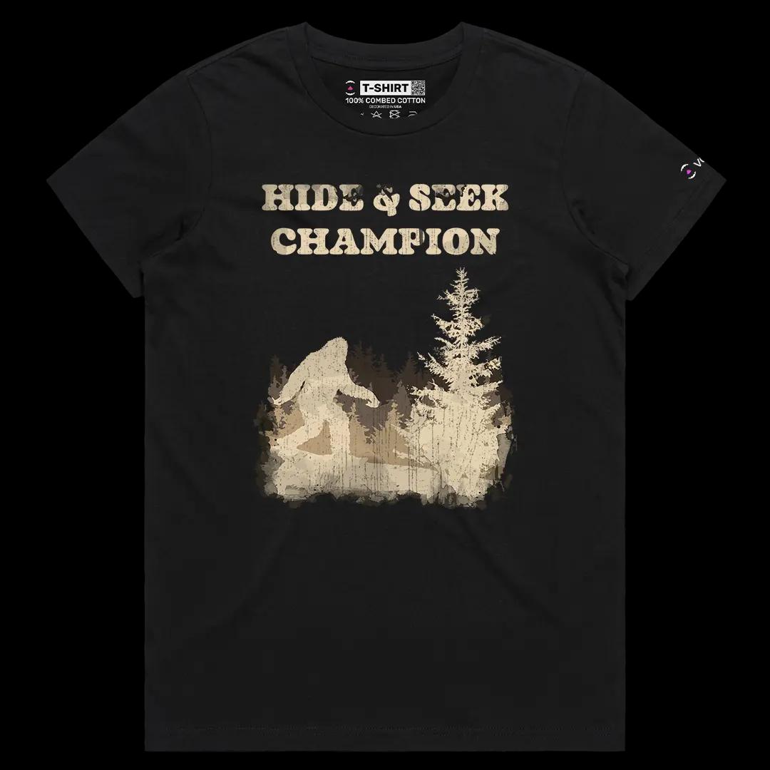 VOICEART Black Female Regular Hide & Seek Champion Funny Graphic Tee with Wordplay Design Short Sleeve Combed Cotton T-Shirt
