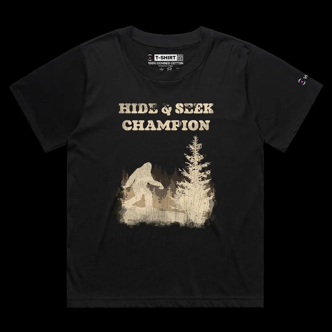 VOICEART Black Female Loose Hide & Seek Champion Funny Graphic Tee with Wordplay Design Short Sleeve Combed Cotton T-Shirt