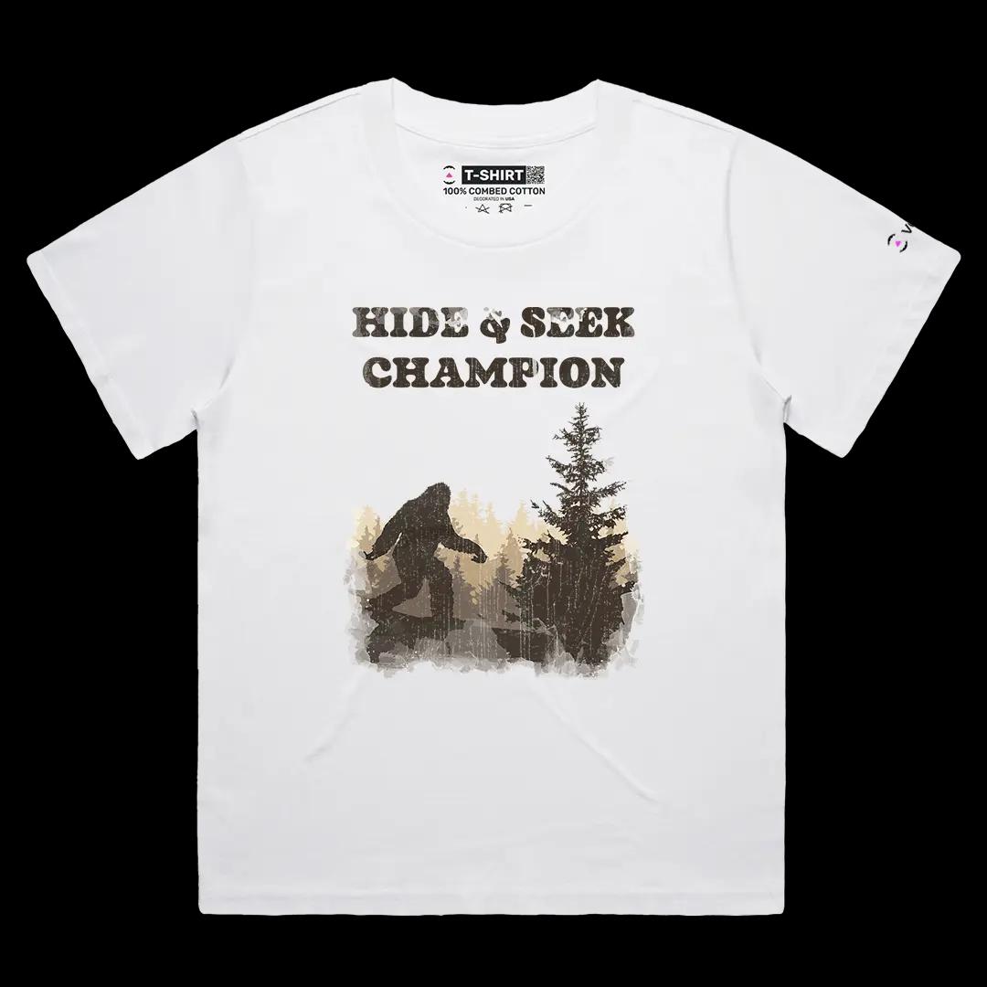 VOICEART White Female Loose Hide & Seek Champion Funny Graphic Tee with Wordplay Design Short Sleeve Combed Cotton T-Shirt