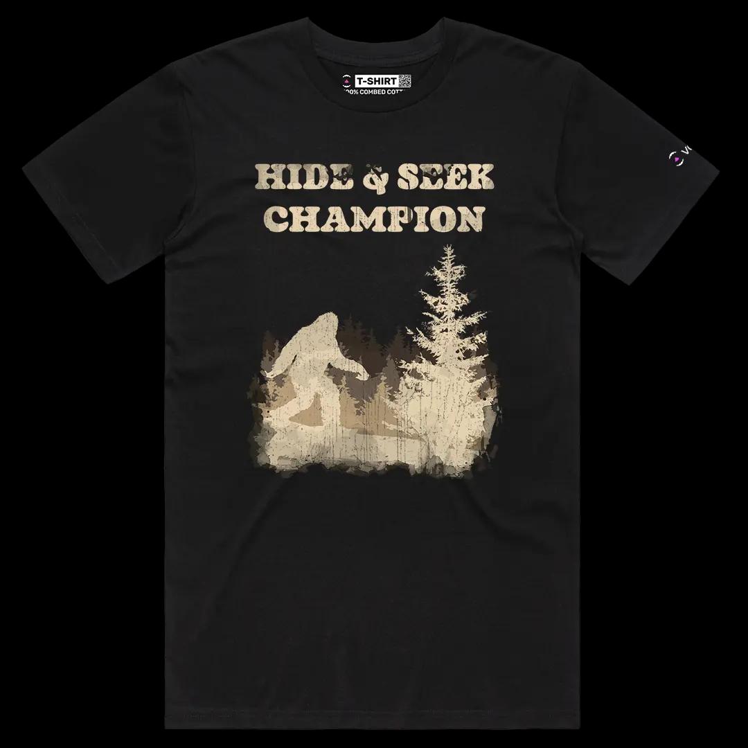 VOICEART Black Male Regular Hide & Seek Champion Funny Graphic Tee with Wordplay Design Short Sleeve Combed Cotton T-Shirt