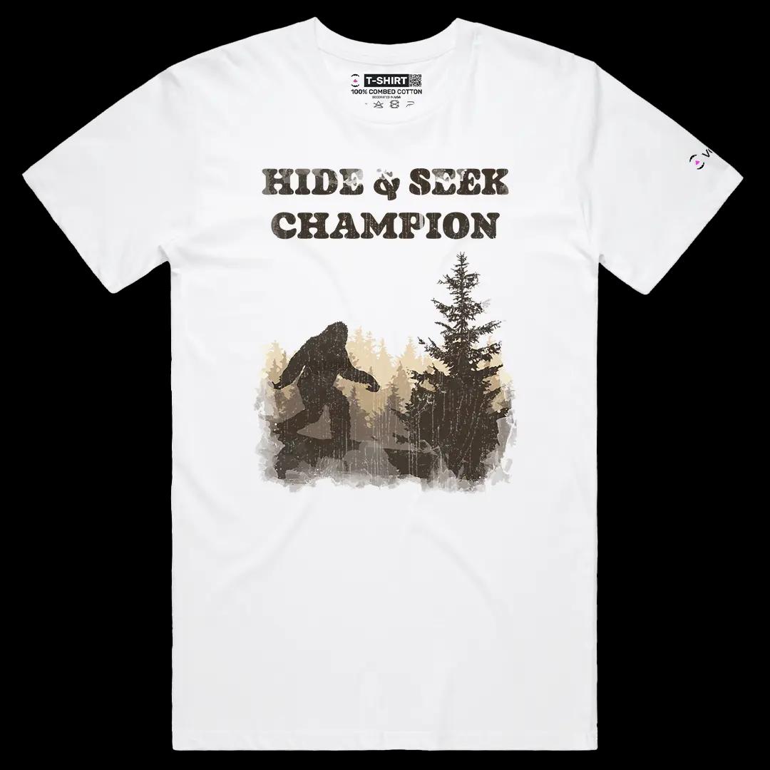 VOICEART White Male Regular Hide & Seek Champion Funny Graphic Tee with Wordplay Design Short Sleeve Combed Cotton T-Shirt