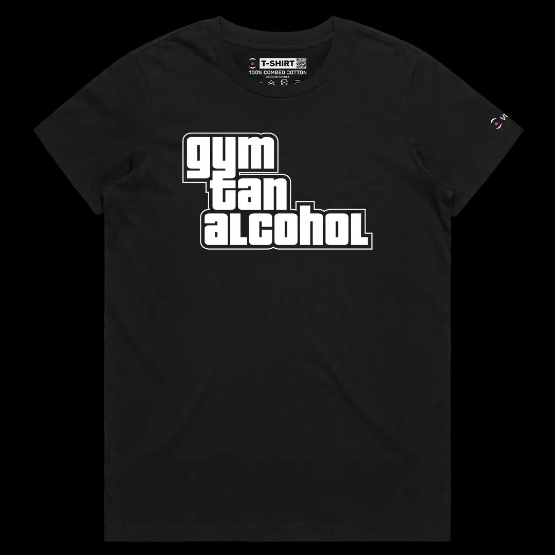 VOICEART Black Female Regular Gym Tan Alcohol Funny Graphic Meme Tee Short Sleeve Combed Cotton T-Shirt for Men and Women GTA
