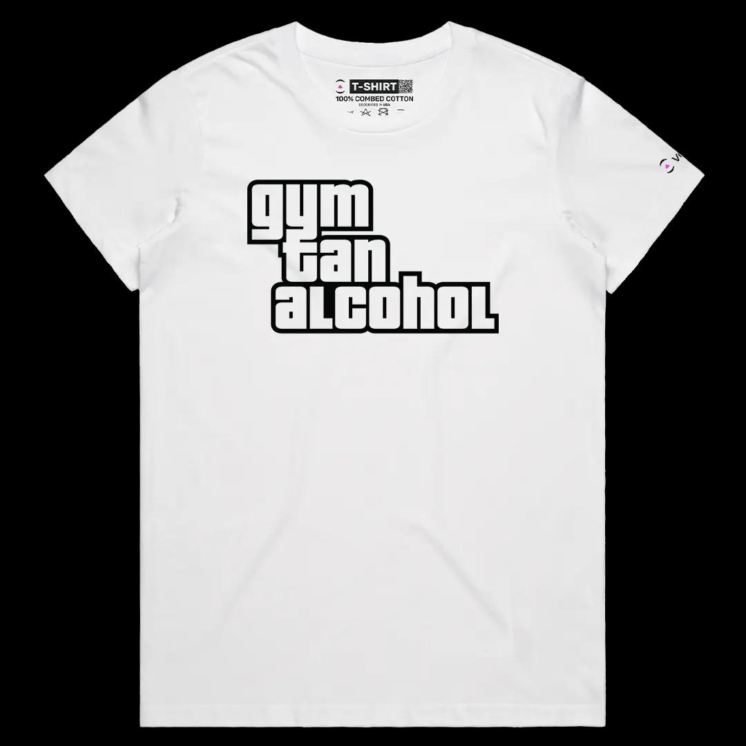 VOICEART White Female Regular Gym Tan Alcohol Funny Graphic Meme Tee Short Sleeve Combed Cotton T-Shirt for Men and Women GTA