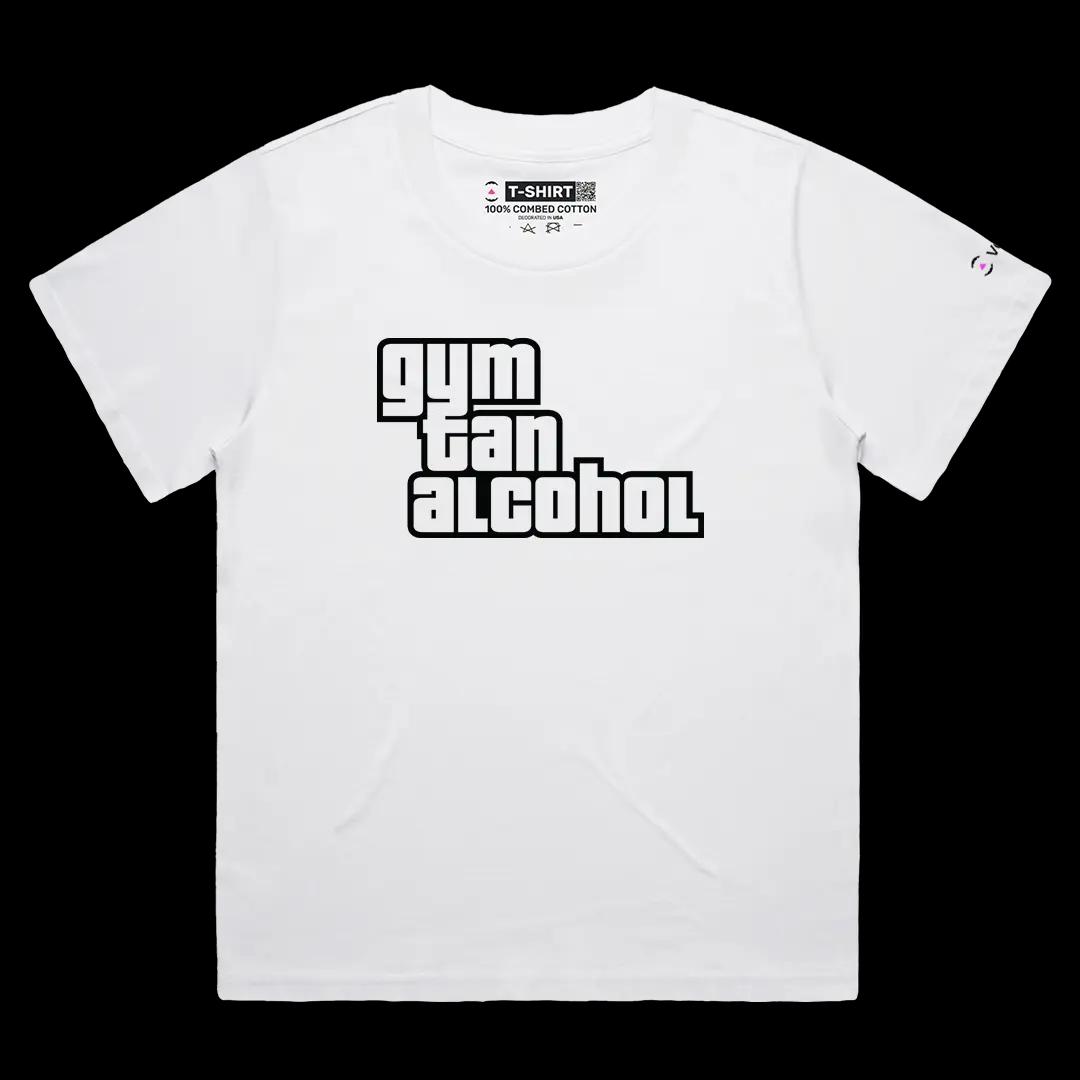 VOICEART White Female Loose Gym Tan Alcohol Funny Graphic Meme Tee Short Sleeve Combed Cotton T-Shirt for Men and Women GTA