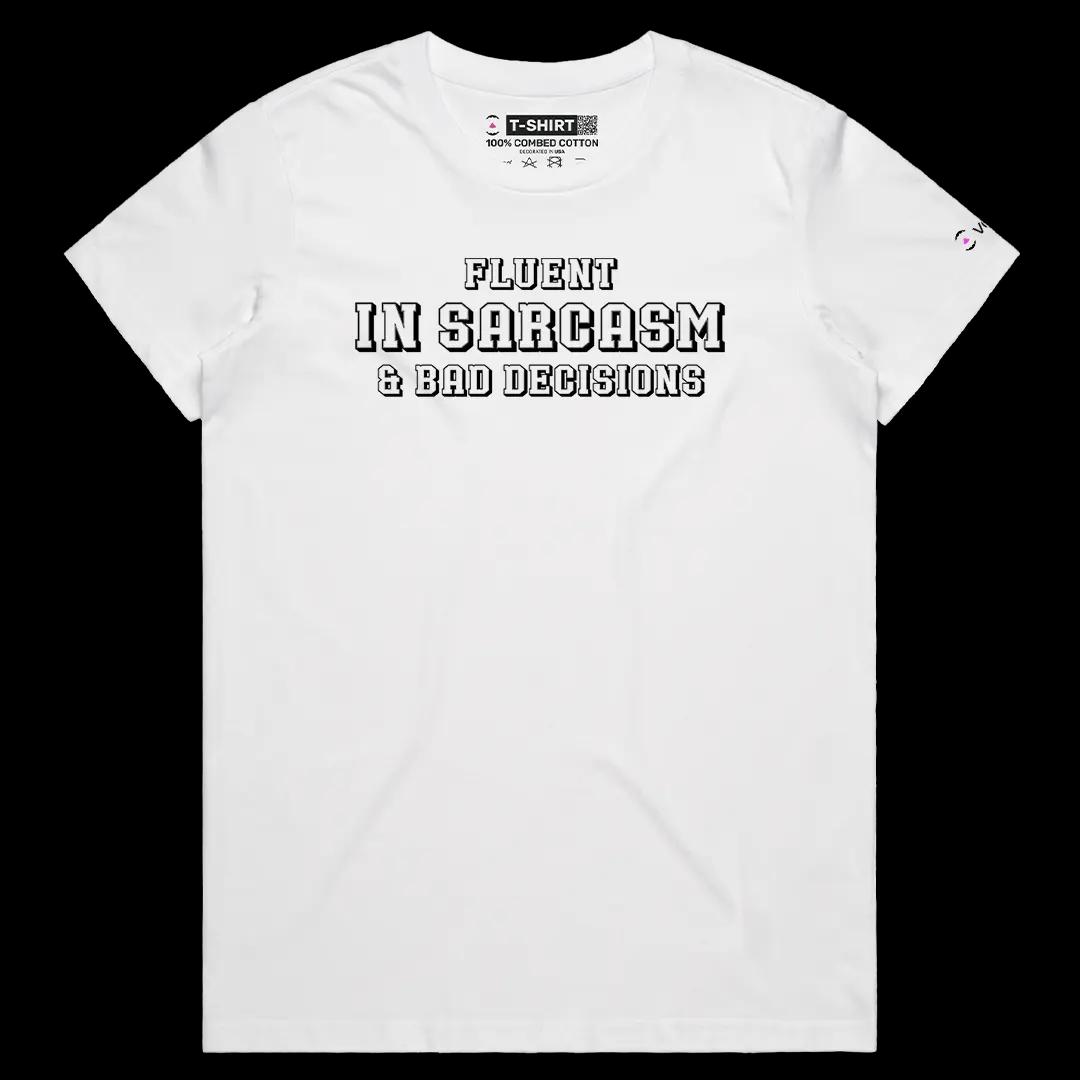 VOICEART White Female Regular Fluent In Sarcasm Funny Tee with Sarcastic Joke Short Sleeve Cotton T-Shirt for Men and Women