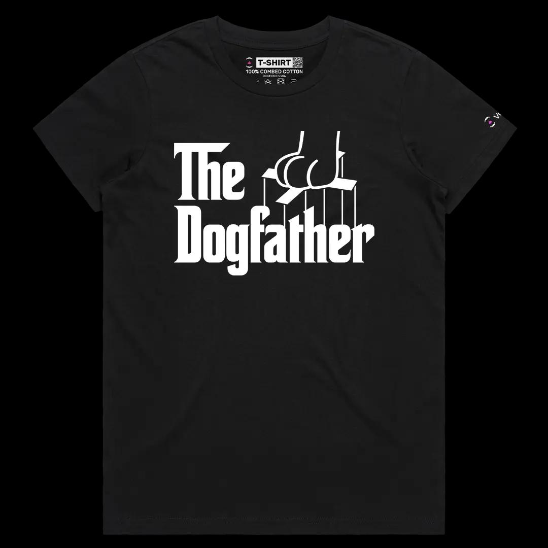 VOICEART Black Female Regular The Dogfather Funny Graphic Meme Tee with a Wordplay Short Sleeve Combed Cotton T-Shirt