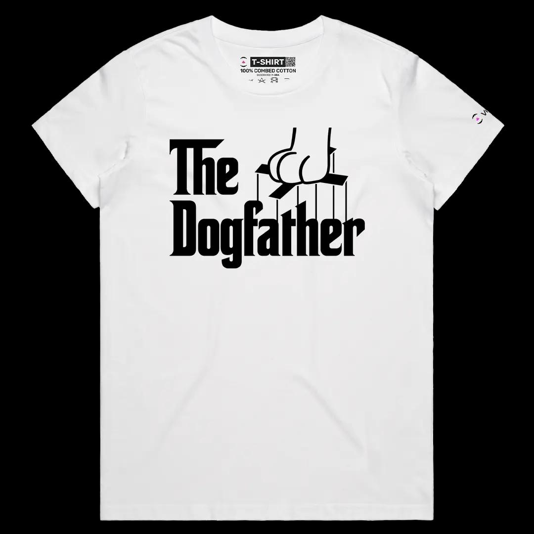 VOICEART White Female Regular The Dogfather Funny Graphic Meme Tee with a Wordplay Short Sleeve Combed Cotton T-Shirt