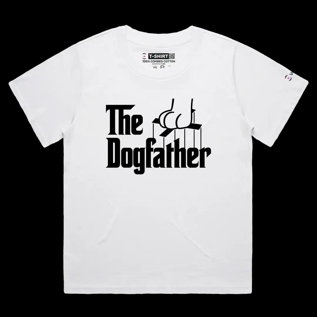 VOICEART White Female Loose The Dogfather Funny Graphic Meme Tee with a Wordplay Short Sleeve Combed Cotton T-Shirt