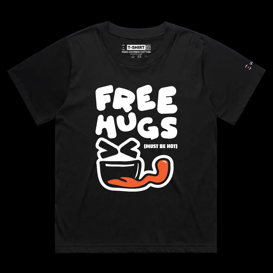 VOICEART Black Female Loose Free Hugs Must Be Hot Funny Tee with Humorous Meme Short Sleeve Cotton Shirt for Men and Women