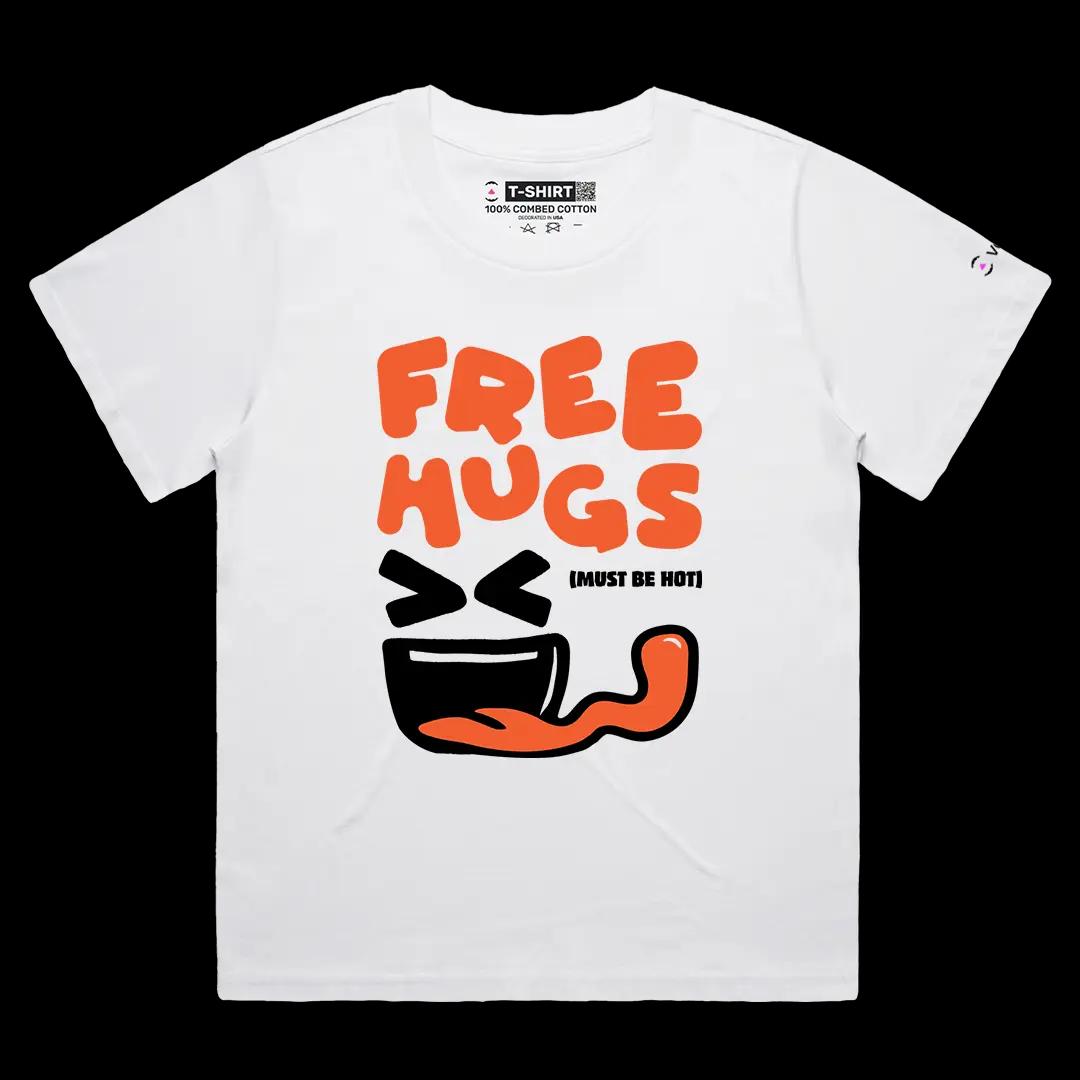 VOICEART White Female Loose Free Hugs Must Be Hot Funny Tee with Humorous Meme Short Sleeve Cotton Shirt for Men and Women