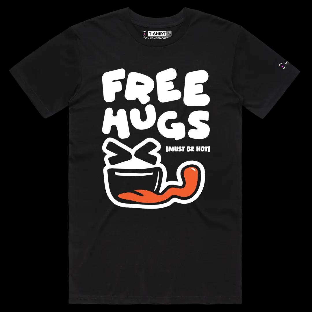 VOICEART Black Male Regular Free Hugs Must Be Hot Funny Tee with Humorous Meme Short Sleeve Cotton Shirt for Men and Women