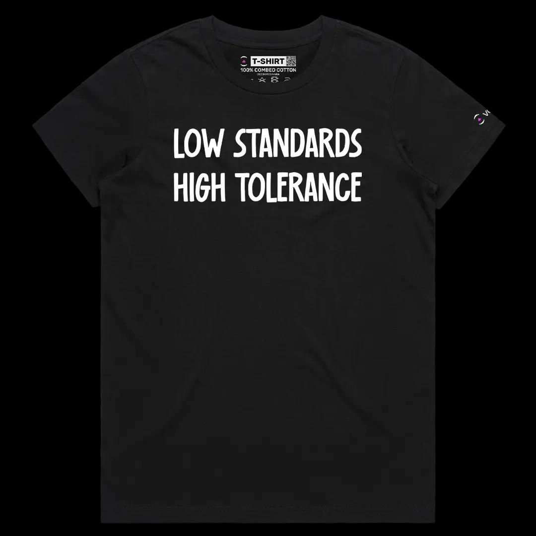 VOICEART Black Female Regular Low Standards High Tolerance Funny Graphic Meme Tee Sarcastic Joke Short Sleeve Cotton Shirt