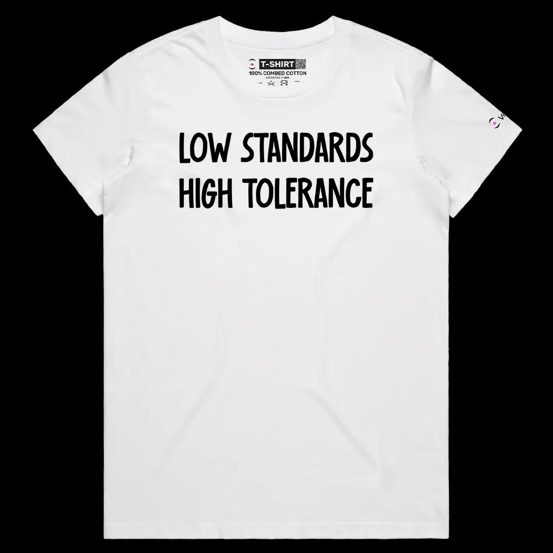 VOICEART White Female Regular Low Standards High Tolerance Funny Graphic Meme Tee Sarcastic Joke Short Sleeve Cotton Shirt