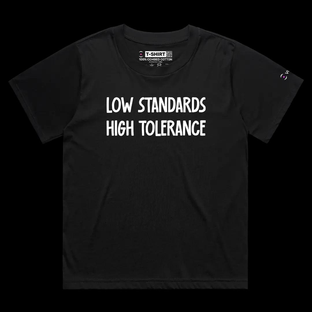 VOICEART Black Female Loose Low Standards High Tolerance Funny Graphic Meme Tee Sarcastic Joke Short Sleeve Cotton Shirt