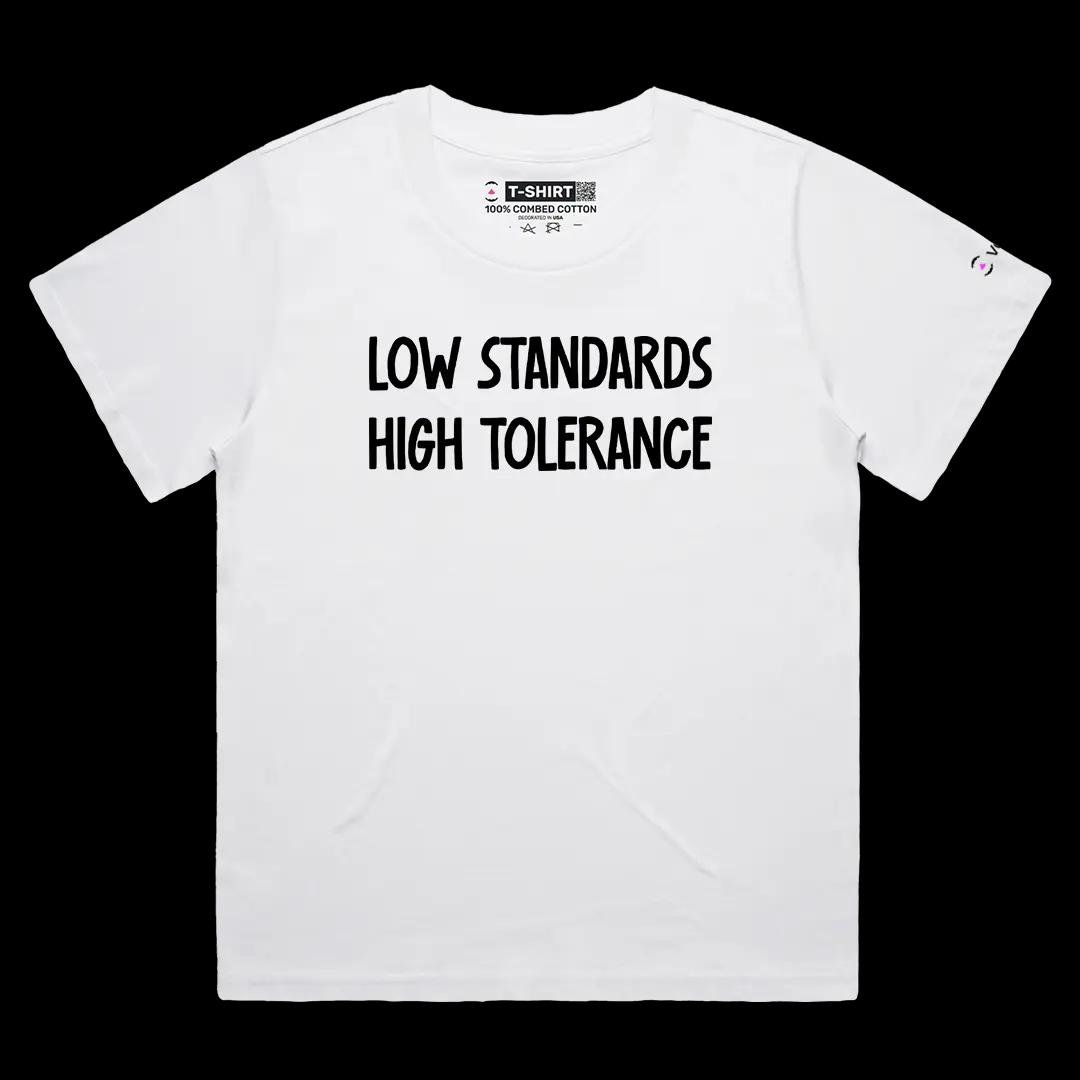 VOICEART White Female Loose Low Standards High Tolerance Funny Graphic Meme Tee Sarcastic Joke Short Sleeve Cotton Shirt