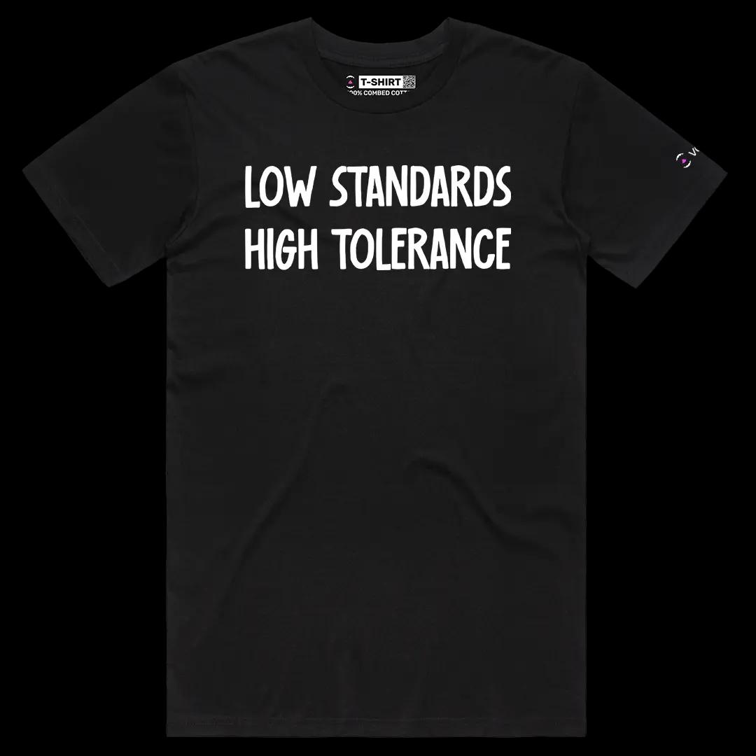 VOICEART Black Male Regular Low Standards High Tolerance Funny Graphic Meme Tee Sarcastic Joke Short Sleeve Cotton Shirt