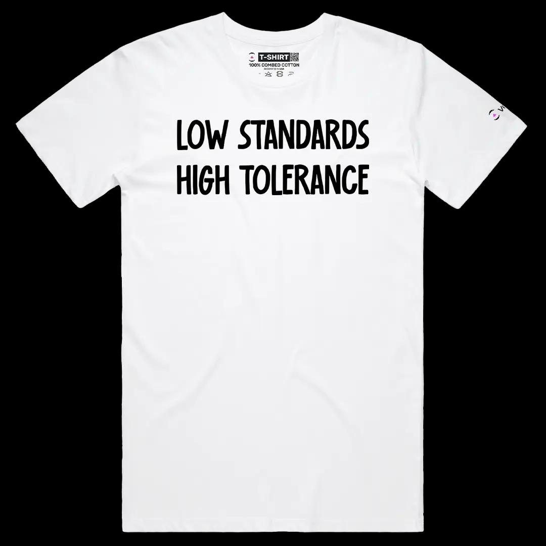VOICEART White Male Regular Low Standards High Tolerance Funny Graphic Meme Tee Sarcastic Joke Short Sleeve Cotton Shirt