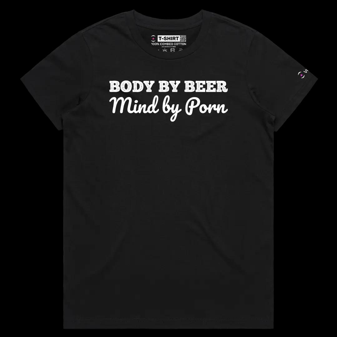 VOICEART Black Female Regular Body By Beer Mind By Porn Funny Meme Tee Sarcastic Joke Short Sleeve Cotton T-Shirt for Men