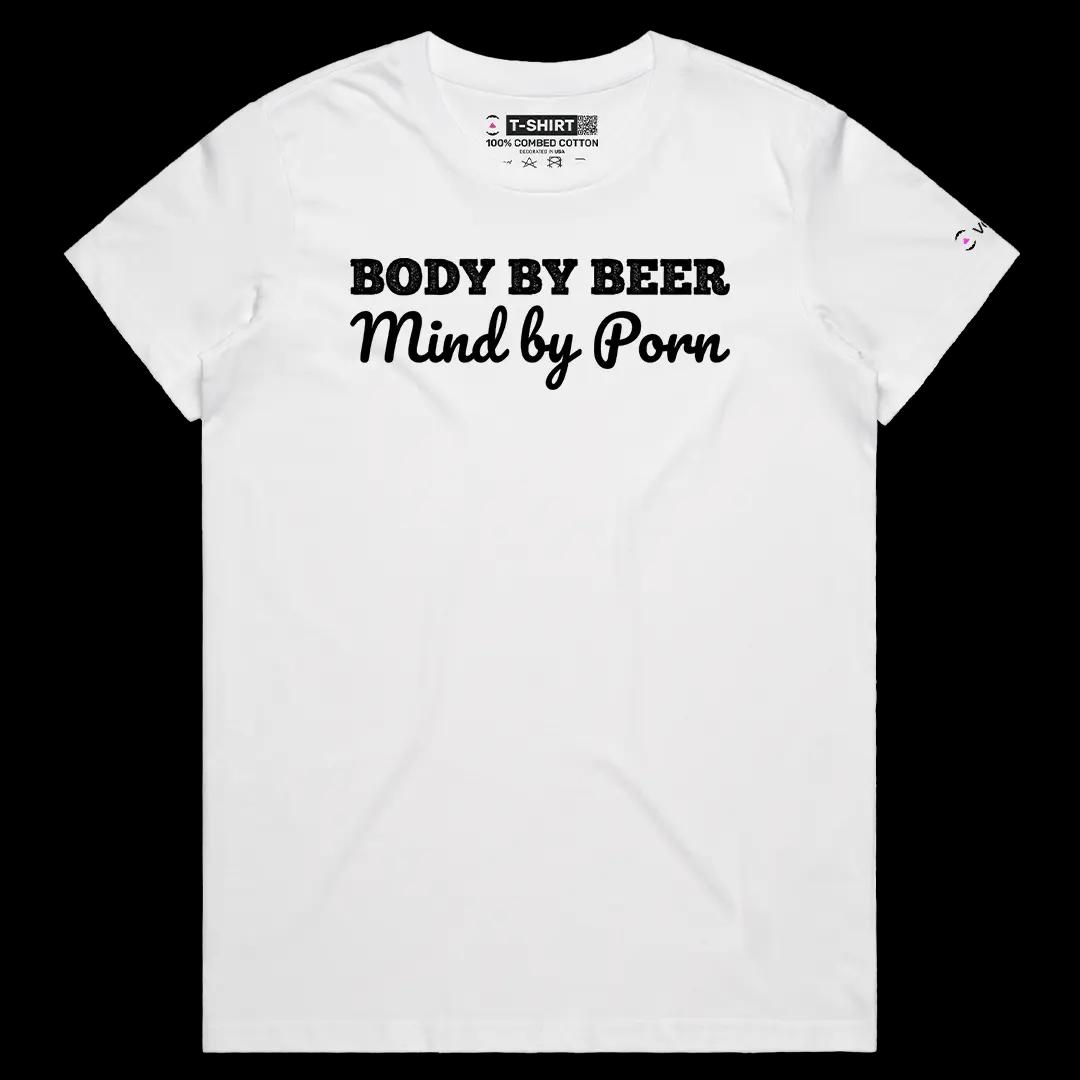 VOICEART White Female Regular Body By Beer Mind By Porn Funny Meme Tee Sarcastic Joke Short Sleeve Cotton T-Shirt for Men