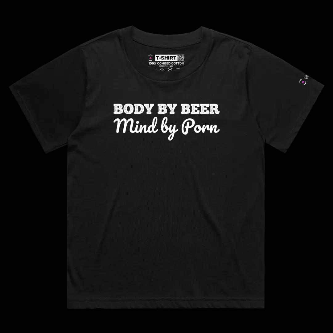 VOICEART Black Female Loose Body By Beer Mind By Porn Funny Meme Tee Sarcastic Joke Short Sleeve Cotton T-Shirt for Men