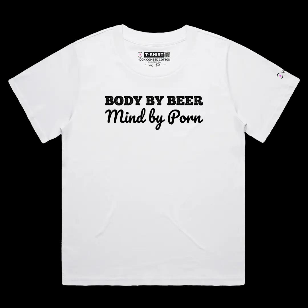 VOICEART White Female Loose Body By Beer Mind By Porn Funny Meme Tee Sarcastic Joke Short Sleeve Cotton T-Shirt for Men