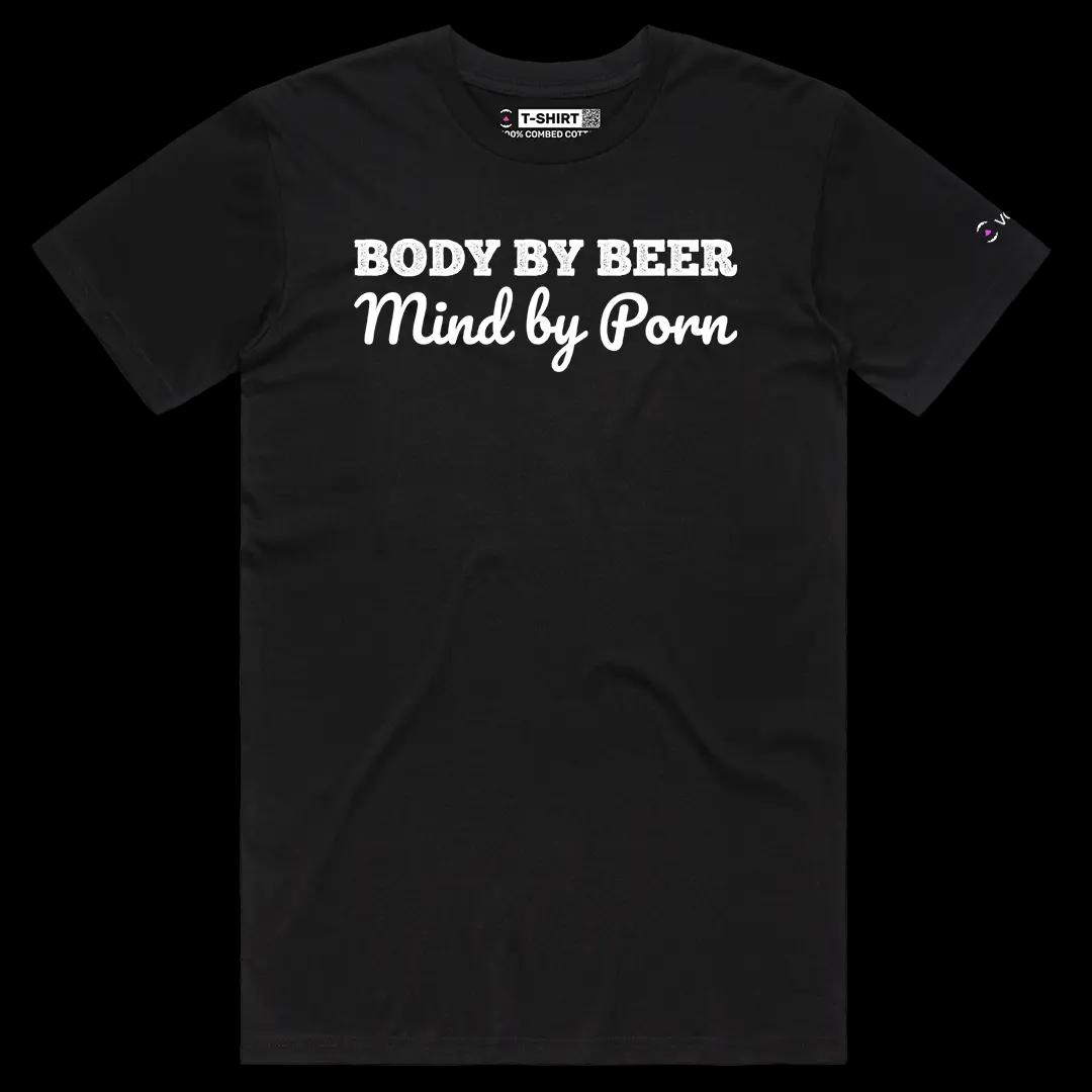 VOICEART Black Male Regular Body By Beer Mind By Porn Funny Meme Tee Sarcastic Joke Short Sleeve Cotton T-Shirt for Men