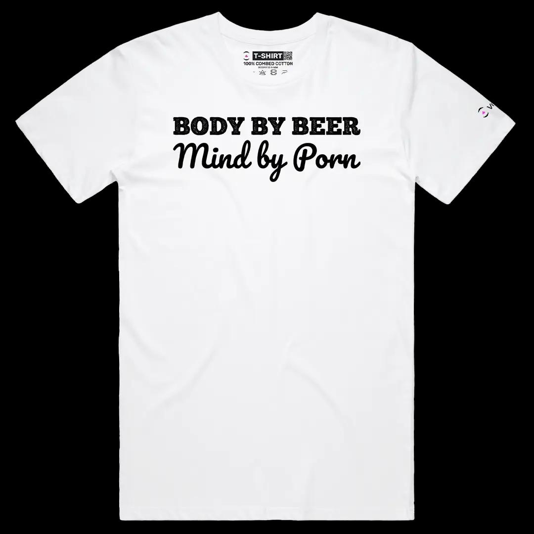 VOICEART White Male Regular Body By Beer Mind By Porn Funny Meme Tee Sarcastic Joke Short Sleeve Cotton T-Shirt for Men