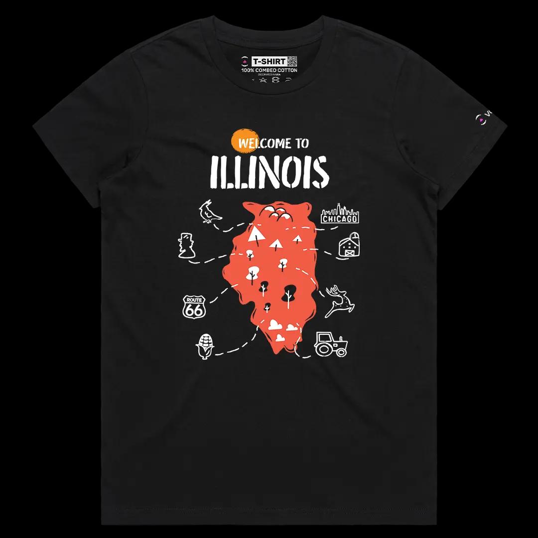 VOICEART Black Female Regular Welcome to Illinois Historical Graphic Tee Geography Map Cotton T-Shirt for Men and Women