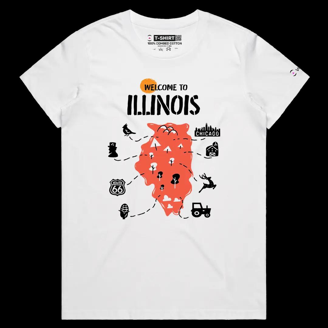 VOICEART White Female Regular Welcome to Illinois Historical Graphic Tee Geography Map Cotton T-Shirt for Men and Women