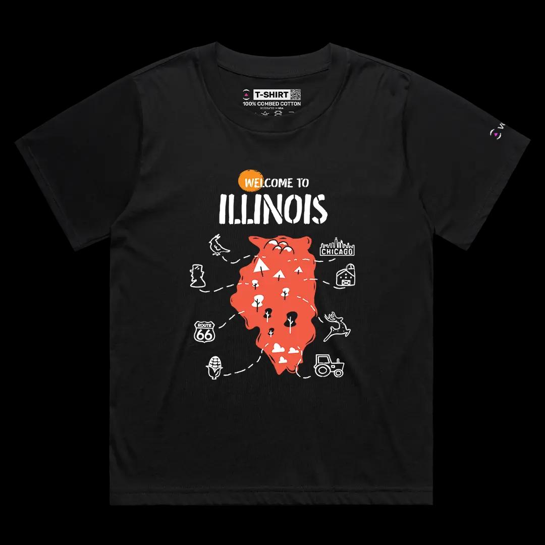 VOICEART Black Female Loose Welcome to Illinois Historical Graphic Tee Geography Map Cotton T-Shirt for Men and Women