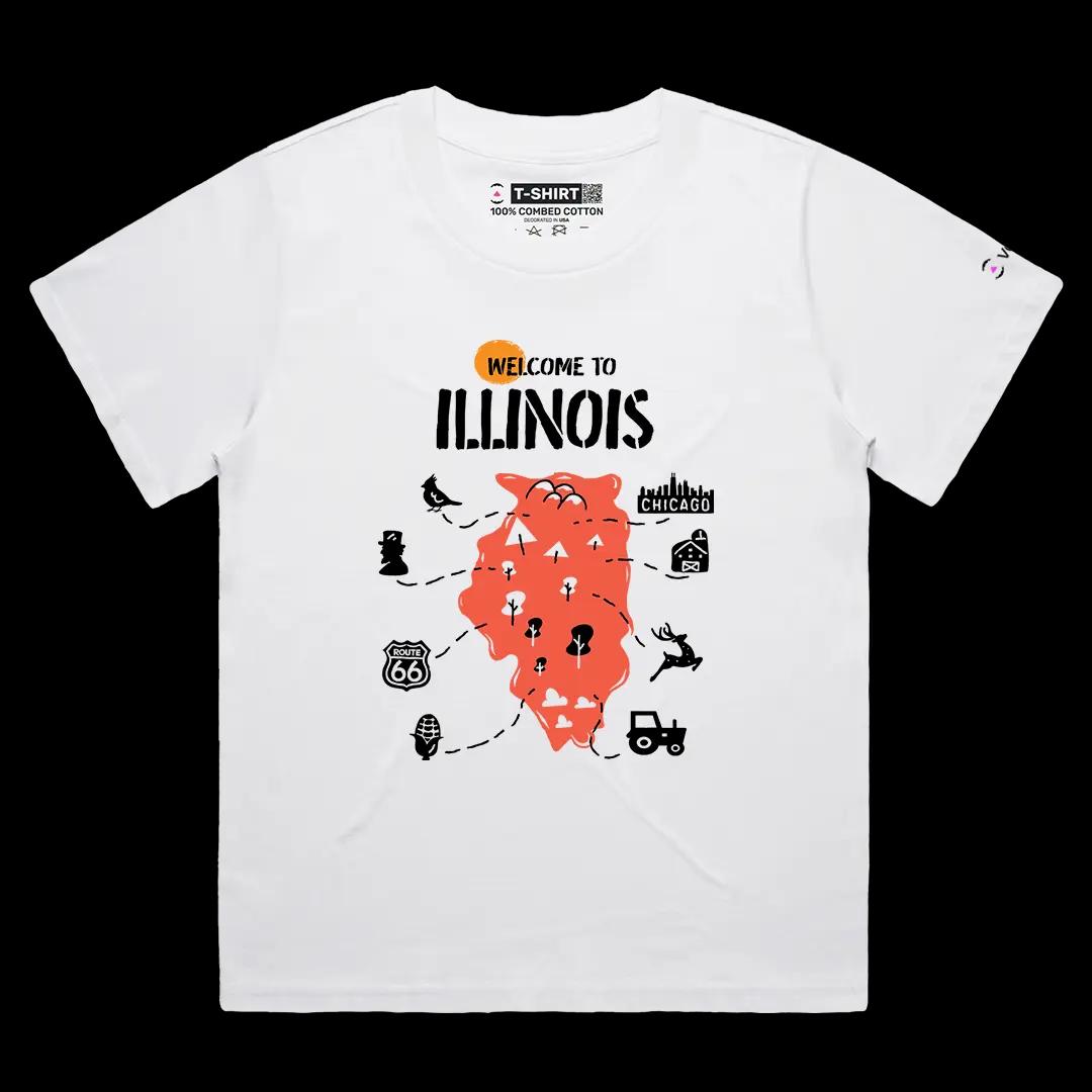 VOICEART White Female Loose Welcome to Illinois Historical Graphic Tee Geography Map Cotton T-Shirt for Men and Women