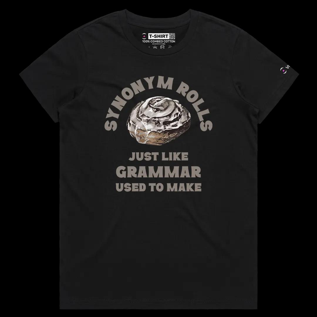 VOICEART Black Female Regular Synonym Rolls Funny Graphic Tee with Wordplay Design Short Sleeve Combed Cotton T-Shirt