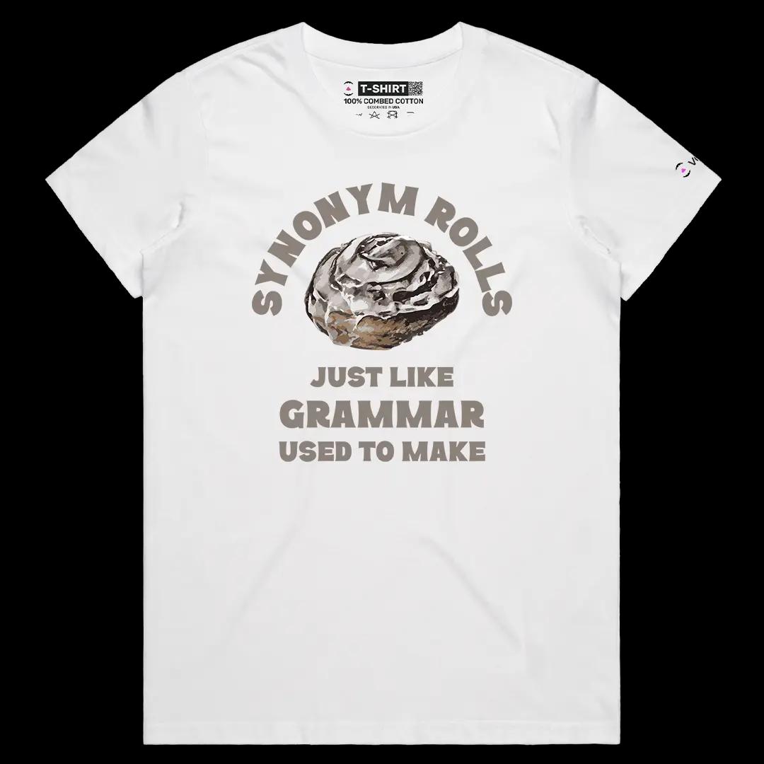 VOICEART White Female Regular Synonym Rolls Funny Graphic Tee with Wordplay Design Short Sleeve Combed Cotton T-Shirt