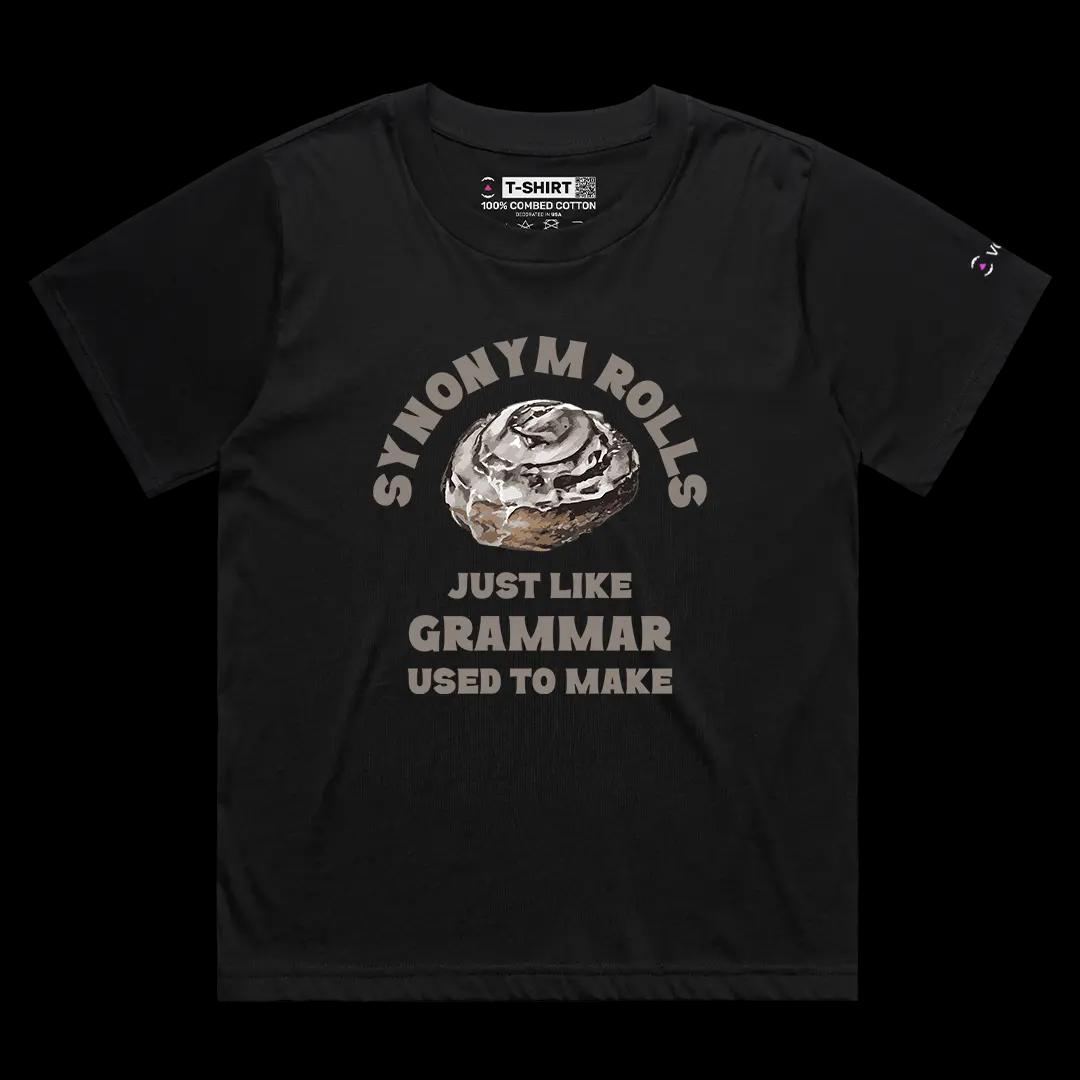 VOICEART Black Female Loose Synonym Rolls Funny Graphic Tee with Wordplay Design Short Sleeve Combed Cotton T-Shirt