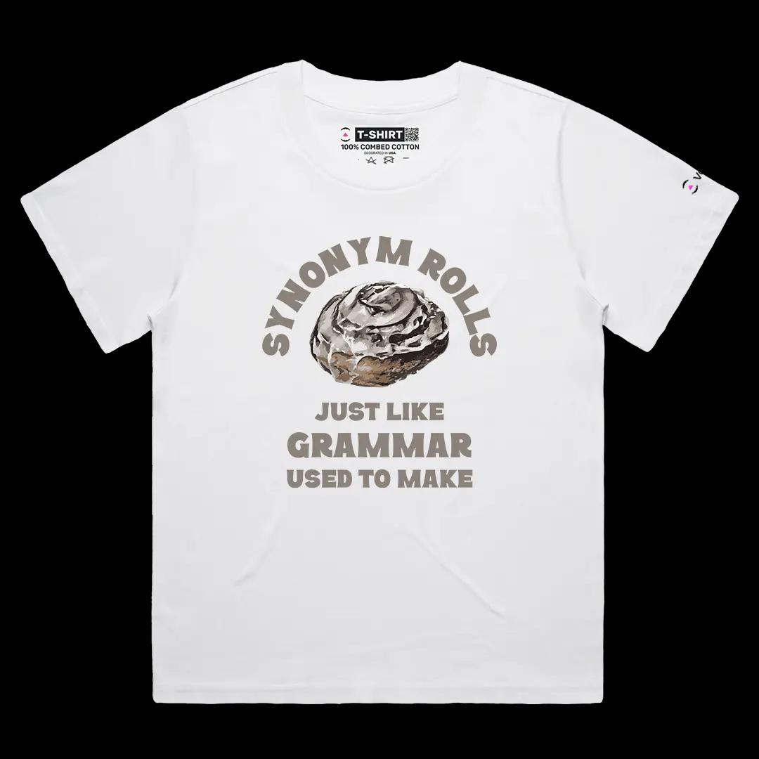 VOICEART White Female Loose Synonym Rolls Funny Graphic Tee with Wordplay Design Short Sleeve Combed Cotton T-Shirt