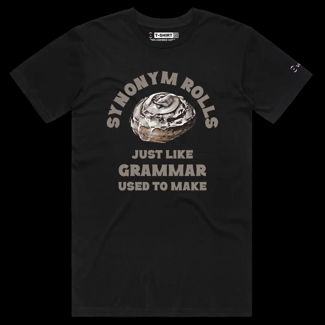 VOICEART Black Male Regular Synonym Rolls Funny Graphic Tee with Wordplay Design Short Sleeve Combed Cotton T-Shirt
