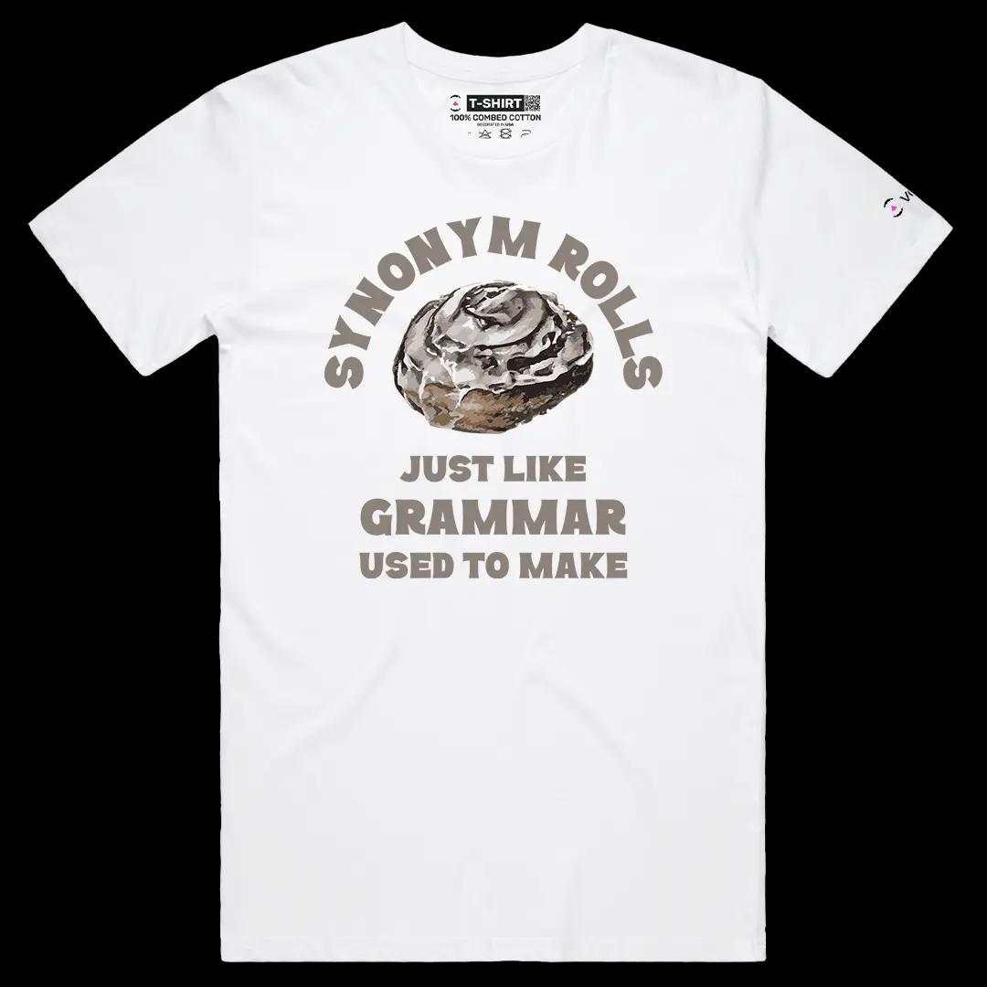 VOICEART White Male Regular Synonym Rolls Funny Graphic Tee with Wordplay Design Short Sleeve Combed Cotton T-Shirt