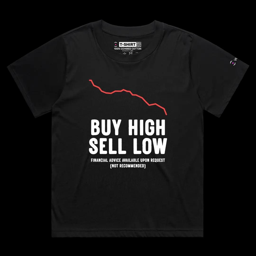VOICEART Black Female Loose Buy High Sell Low Funny Graphic Tee with Wordplay Design Short Sleeve Combed Cotton T-Shirt v1