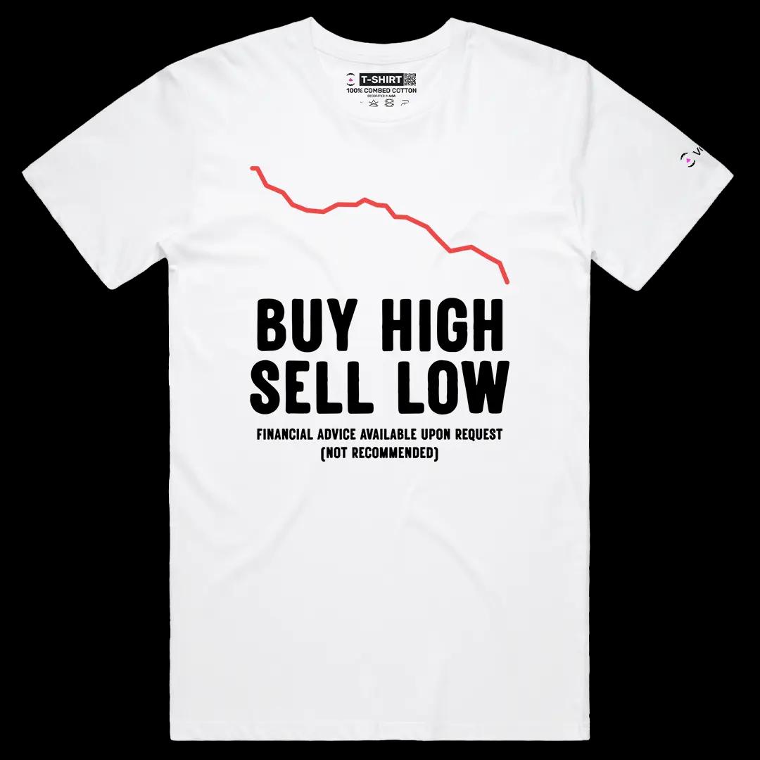 VOICEART White Male Regular Buy High Sell Low Funny Graphic Tee with Wordplay Design Short Sleeve Combed Cotton T-Shirt v1